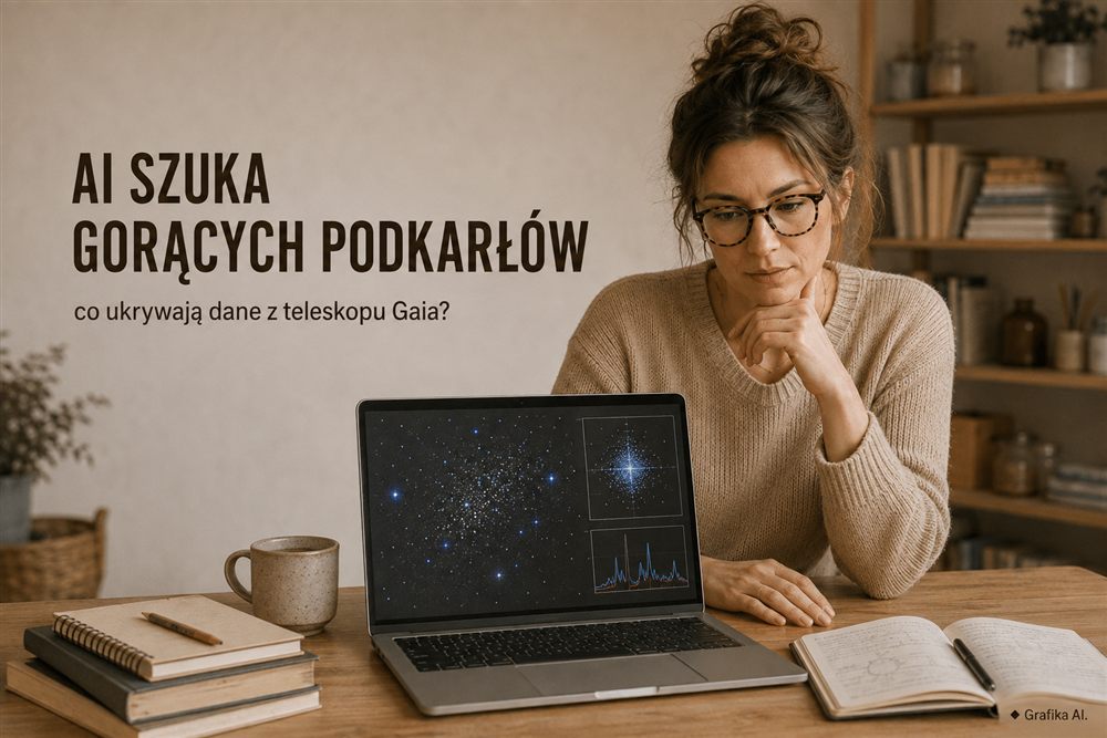 Jak sztuczna inteligencja wyszukuje rzadkie gorące podkarły w danych z teleskopu Gaia i czego można się z nich dowiedzieć o ewolucji gwiazd? — ilustracja AI