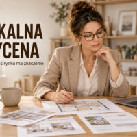 Agentka analizująca plan mieszkania i oferty porównawcze – ilustracja AI o lokalnej znajomości rynku nieruchomości.