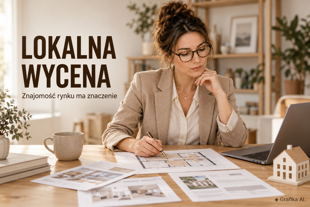 Agentka analizująca plan mieszkania i oferty porównawcze – ilustracja AI o lokalnej znajomości rynku nieruchomości.