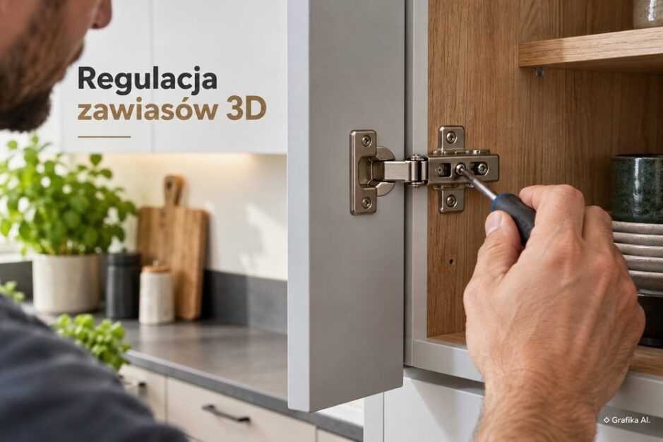 Ustawianie zawiasu 3D w drzwiach szafki kuchennej