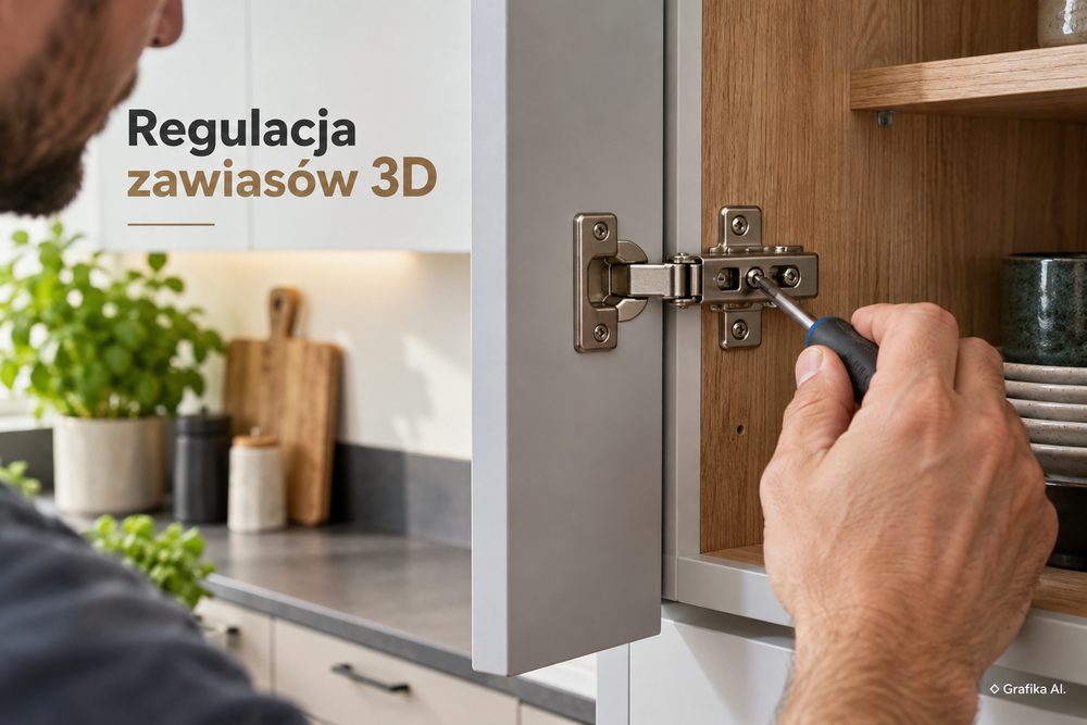 Ustawianie zawiasu 3D w drzwiach szafki kuchennej